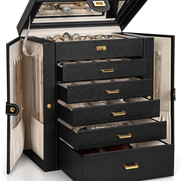 Huge Jewelry Box Organizer Functional Lockable, Large Leather Jewelry Storage Ca - Picture 1 of 9